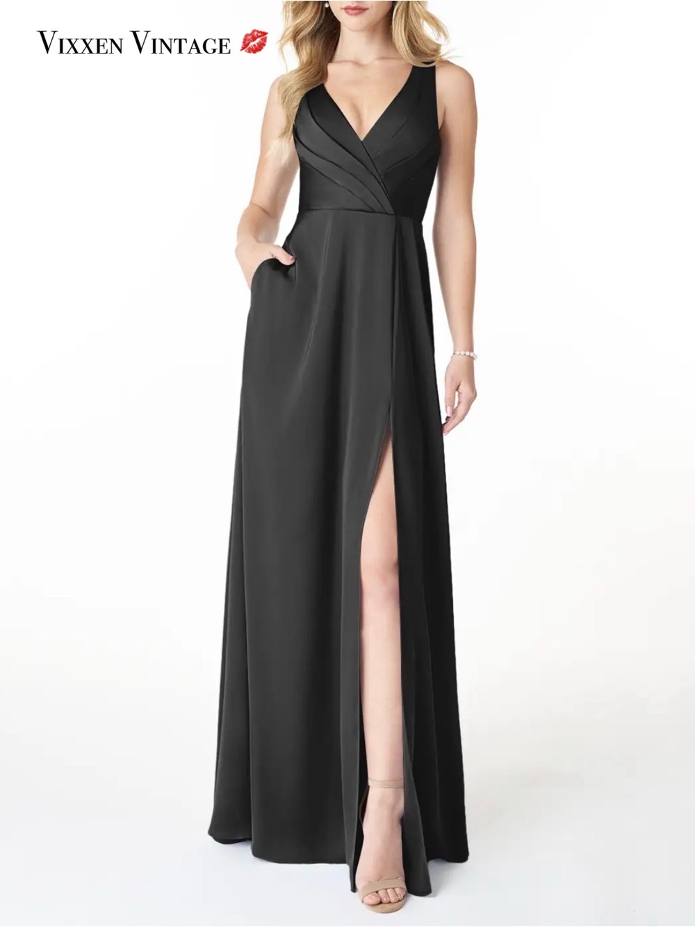 AZAZIE ‘NELLY A-LINE V-NECK PLEATED SATIN BRIDESMAID DRESS’ IN BLACK